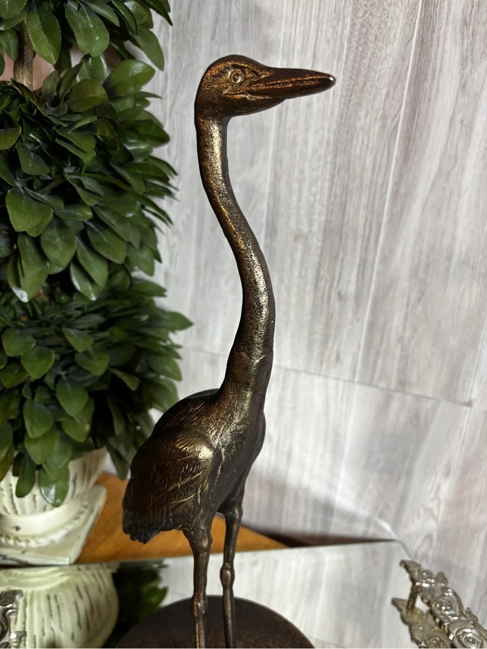 Bronze Finish Standing Crane Statue Brass Accent Bird Sculpture Coastal Home Dec